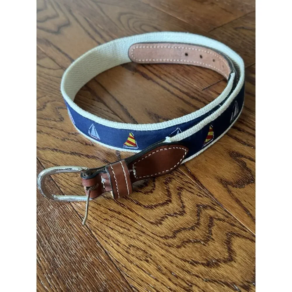 Sailboats Nautical Leather Tip Belt Mens 30 Khaki Web Brass Buckle Embroidered